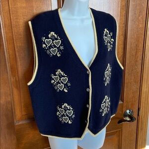 Vintage Christopher & Banks knit vest hand-embroidered floral heart motifs XL